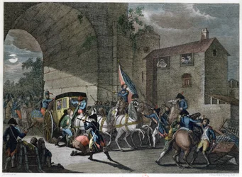 De arrestatie van Lodewijk XVI in Varennes, 22 juni 1791, gegraveerd door Reinier Vinkeles en Daniel Vrydag